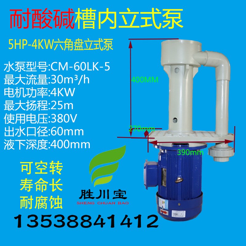 胜川宝CM-60LK-5槽内泵废气塔专用耐酸碱立式4KW槽内泵 5HP六角盘