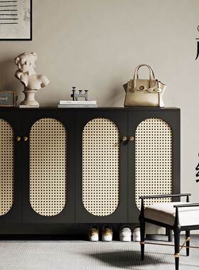 款新复古黑色鞋柜门家用藤鞋编门黑色柜中SEM古口风入