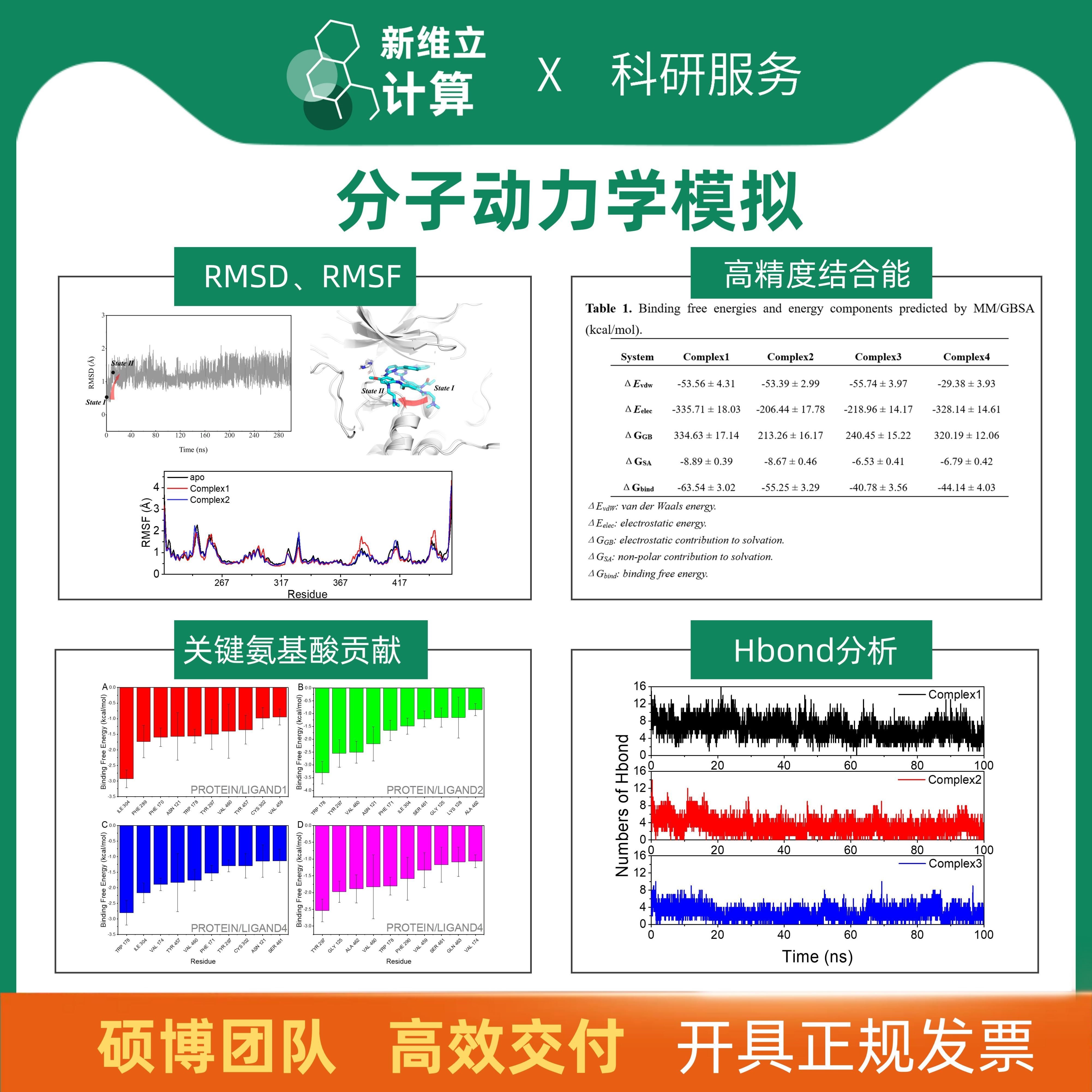 分子动力学模拟 结合能计算 结合稳定性分析 氢键分析