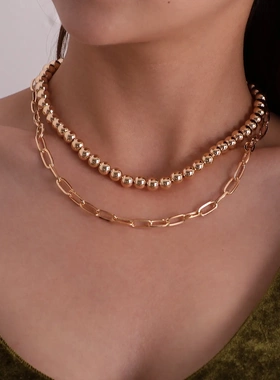 欧美饰品 铝合金珠子锁形链条项链 女士夸张时尚复古多层项饰