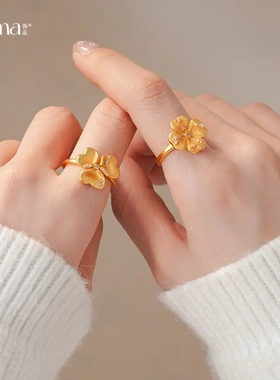 新中式复古沙金色花朵戒指时尚个性设计感指环食指戒高级感手饰女