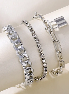 时尚复古锁形混搭链条手链 个性嘻哈粗链爪链钻手饰 欧美饰品