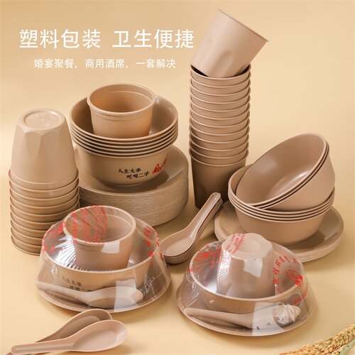 稻壳一次性餐具四五件碗杯套装