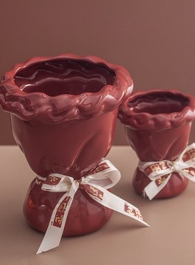 创意红色陶瓷花瓶水培植物干花鲜花插花花瓶客厅桌面玄关装饰摆件