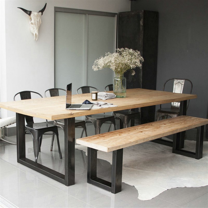 LOFT美式实木餐桌铁艺工作台复古办公桌会议桌咖啡厅餐桌椅组合