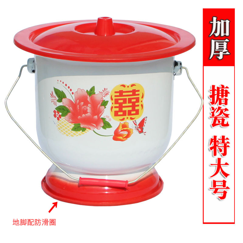 老式痰盂坐便器女高脚尿桶大人尿盆带盖搪瓷防臭家用老人卧室加厚