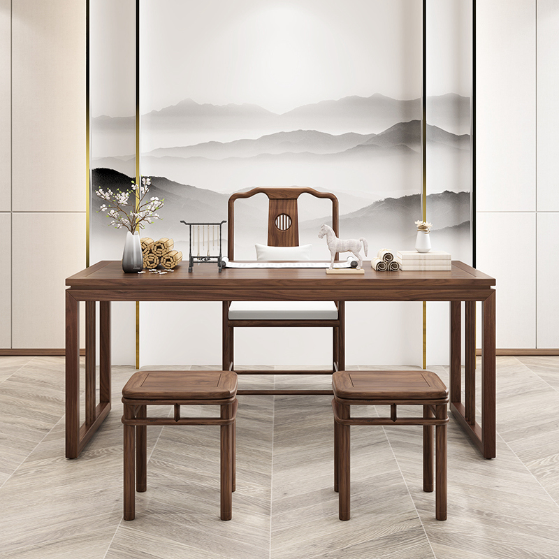 新中式书桌椅子纯实木书法桌 禅意原木榫卯北美黑胡桃木书桌画案