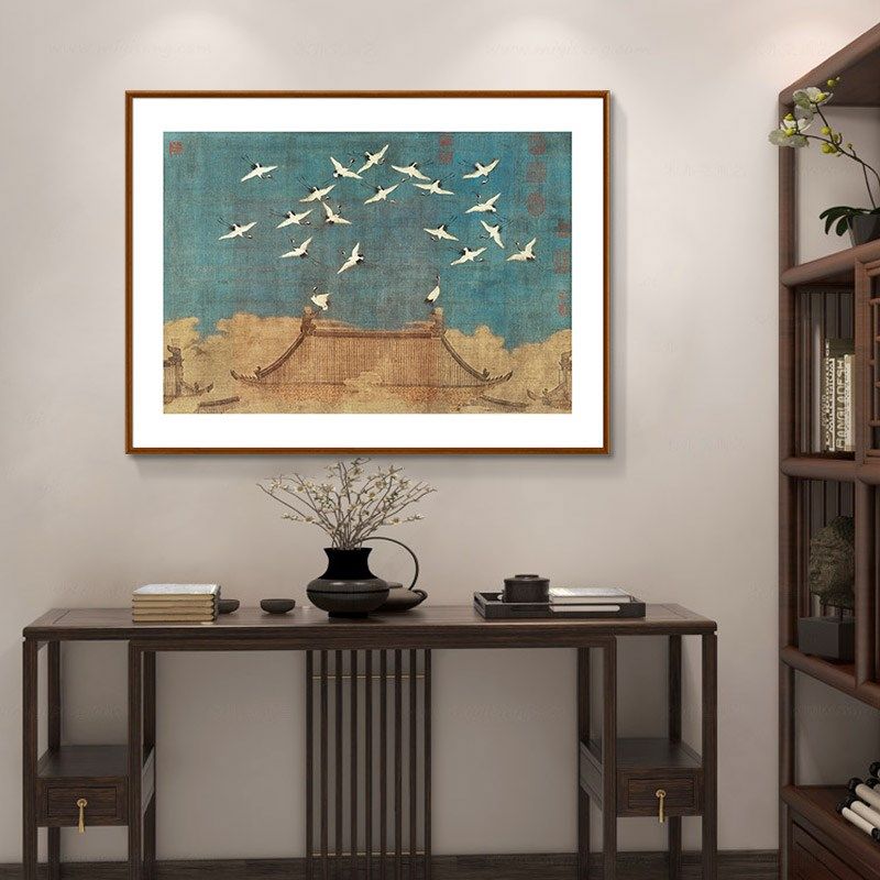 赵佶宋徽宗瑞鹤图挂画新中式客厅装饰画玄关书房茶室仙鹤国画实木