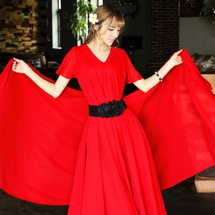 夏季新款红色连衣裙高级感雪纺裙子大码显瘦胖mm海边度假沙滩长裙