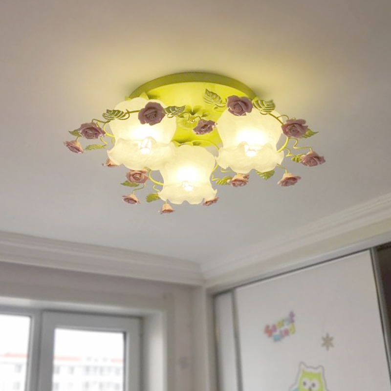 温馨儿童公主房卧室吸顶灯铁艺玫瑰女孩灯具浪漫田园花草客厅灯饰