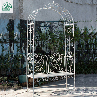 户外花园做旧铁艺拱门座椅月季爬藤花架别墅花园阳台靠背双人椅