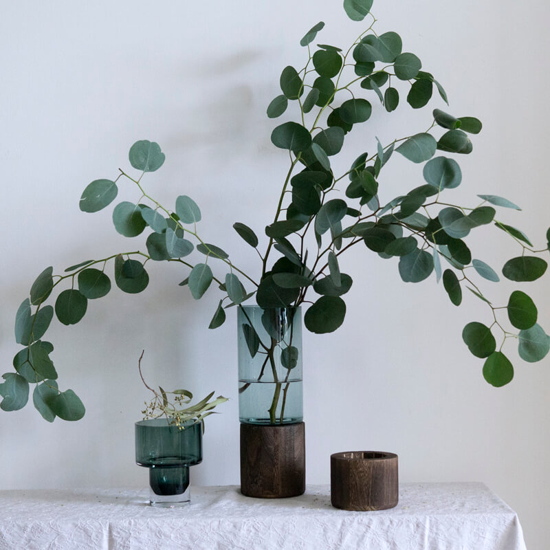 OOOOH简约北欧风原木实木底座直筒玻璃花瓶马醉木吊钟插花器