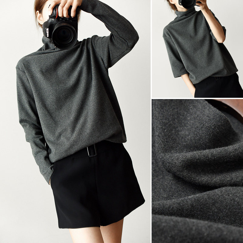 五分袖和长袖两款 厚实纯棉双面磨毛女士T恤 堆堆领宽松打底衫