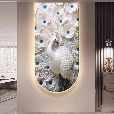入户进门孔雀带灯装饰画玄关走廊过道壁画灯光画LED客厅挂画大气