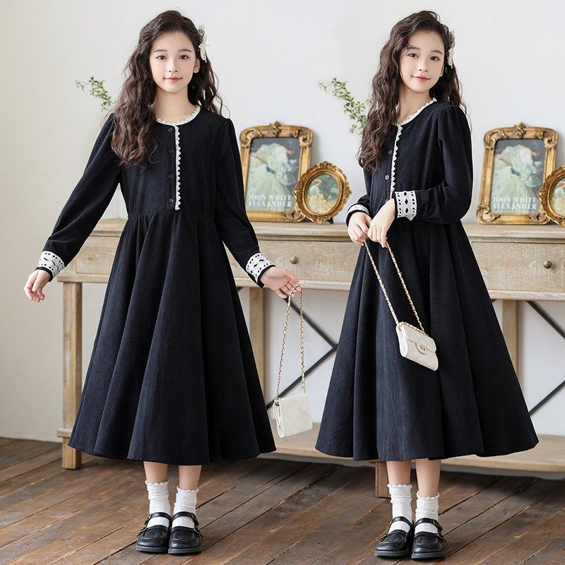 中大女童长袖连衣裙2024新款气质中长款法式裙子儿童洋气亲子秋冬