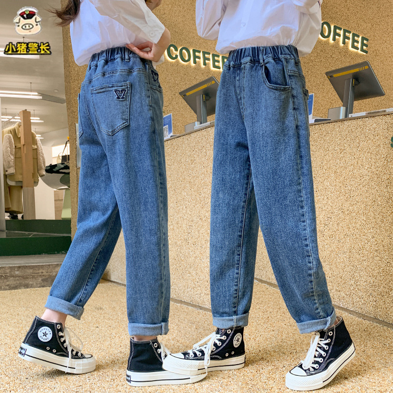 女童裤子儿童牛仔裤2023新款秋装休闲裤中大童秋冬老爹裤加绒冬装
