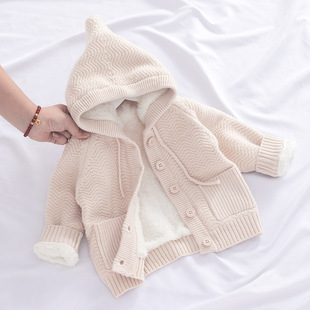 女童连帽外套加绒加厚男宝宝针织开衫婴儿毛衣公主洋气羊羔绒冬装