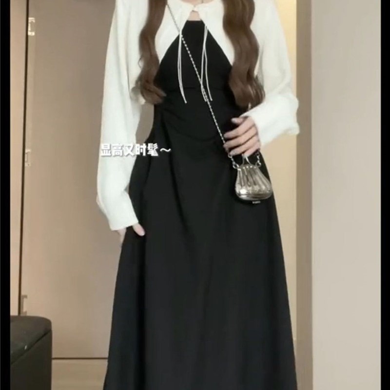 2023新款黑色针织气质收腰显瘦春季新款褶皱设计吊带a字连衣裙女