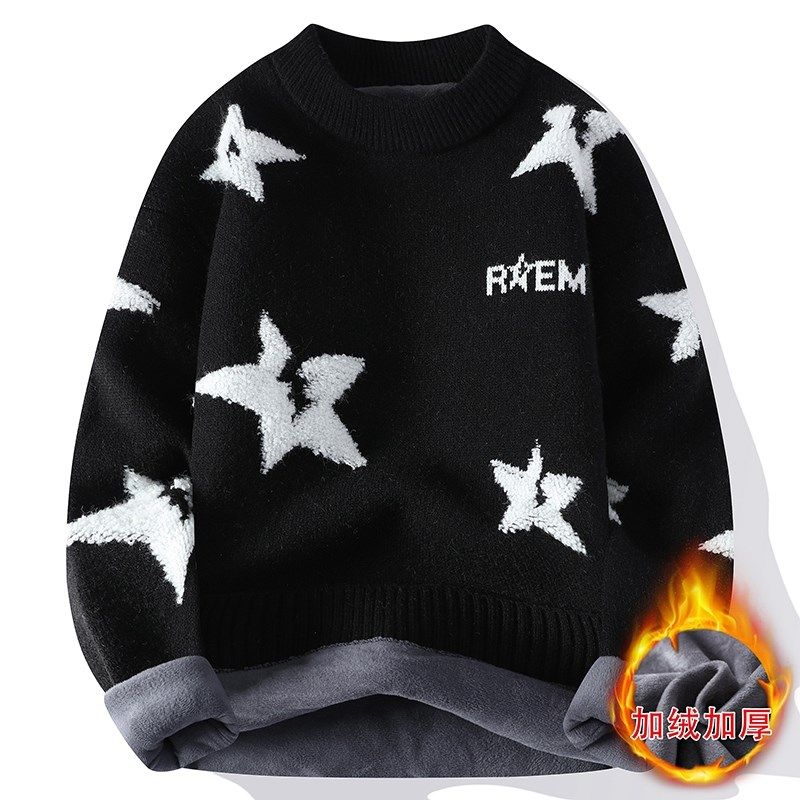提花毛衣男款秋冬季加绒加厚本命年红色内搭打底衫学生过年针织衫