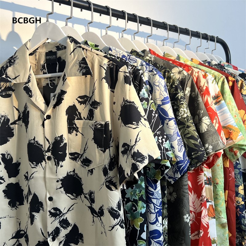 泰式古巴领碎花衬衫男女宽松复古夏威夷度假宽松情侣沙滩短袖衬衣