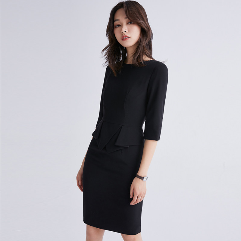 宿色中袖职业连衣裙女装春夏黑色包臀裙工作服气质工装一步裙子