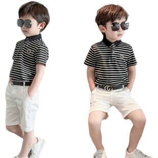 男童短袖t恤衫条纹polo衫潮儿童男孩中大童2023夏季新款翻领童装