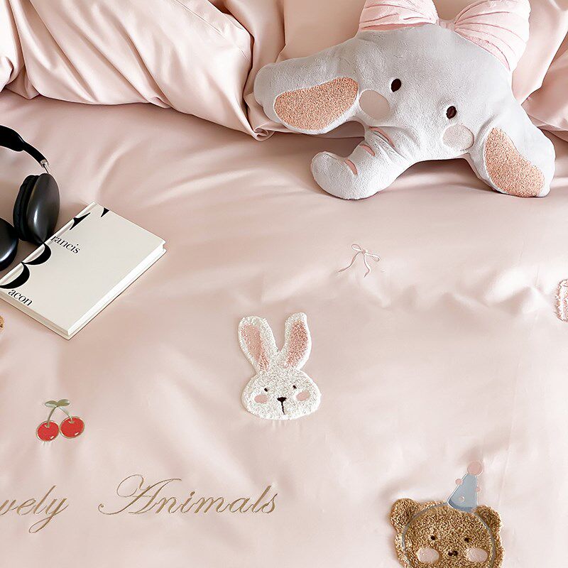 高端100S全棉磨毛四件套卡通毛巾绣被套冬季加厚保暖少女心床品