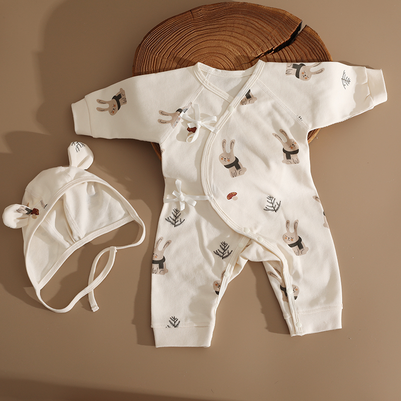 婴姿婴儿连体衣春秋款新生男女宝宝59码小兔系带纯棉衣服a类爬服