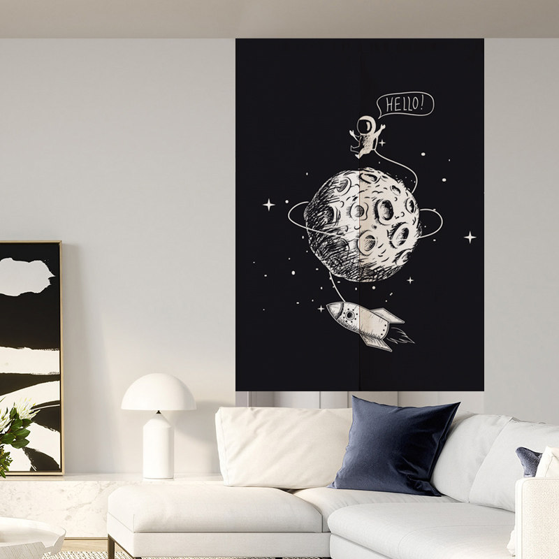 儿童房卧室卡通太空宇航员星球隔断半帘子免打孔可定制布艺门帘
