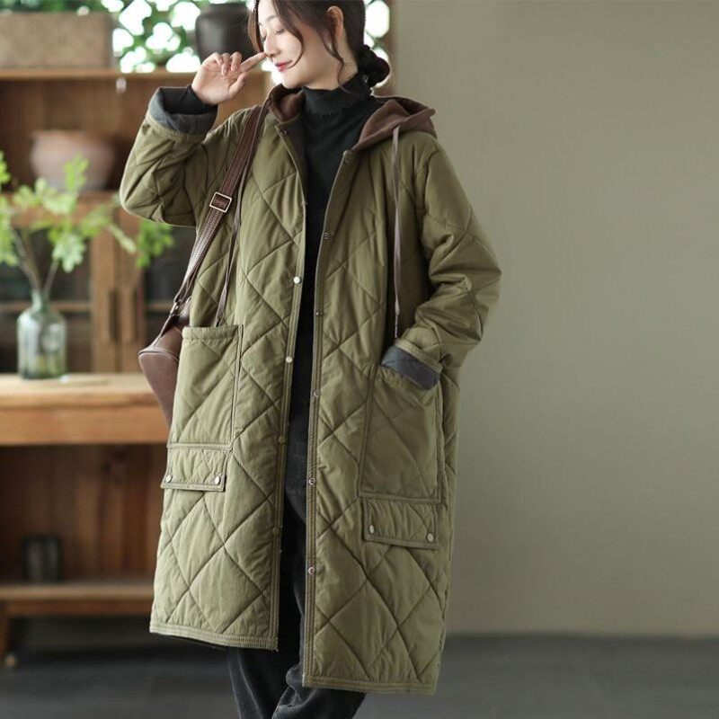 轻薄羽绒棉服女冬宽松大码复古夹棉加厚保暖大口袋中长款连帽外套