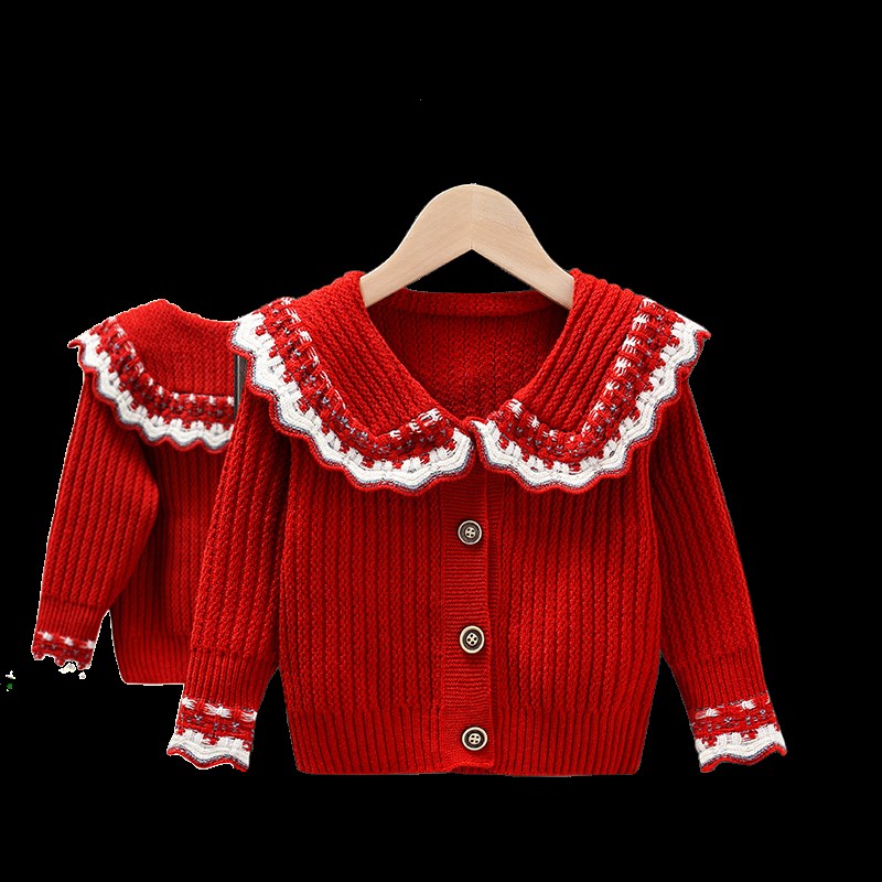 女童大翻领针织开衫 2024秋冬新款童装 儿童毛衣 小童娃娃领上衣
