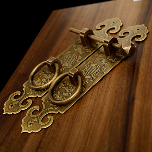 中式大门拉手纯铜蝙蝠雕花加厚木门直条把手门搭扣锁插销拉环明装