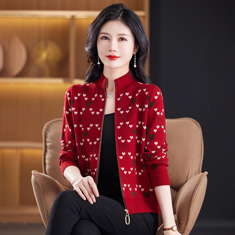 羊毛衫春秋新款外搭开衫女提花针织衫女士毛衣外套短款上拉链针织