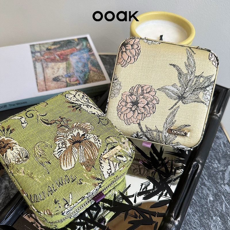 OOAK复古印花撞色艺术双层首饰包戒指盒高档珠宝收纳盒耳钉手链盒