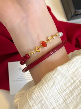 设计 红玛瑙施家珠拼接手串女款新中式朱砂色古法沙金手链