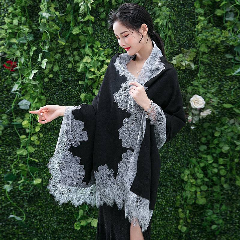 羊绒围巾女春秋蕾丝小披肩外披斗篷配旗袍的披风礼服外搭两用优雅