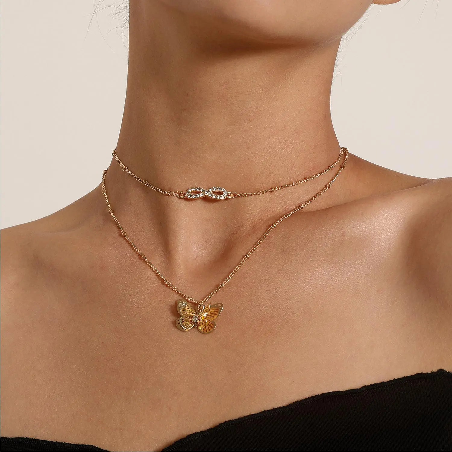 欧美饰品 满钻8字立体吊坠项链女 气质简约双层圆珠项饰