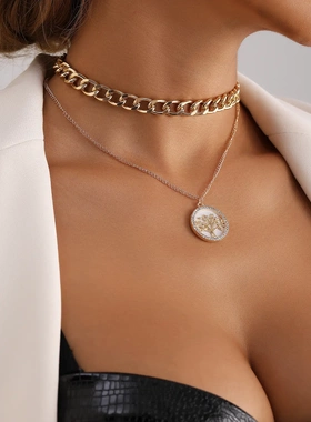 欧美饰品 时尚金属铝粗链项饰 微镶钻生命树黑白贝母吊坠项链