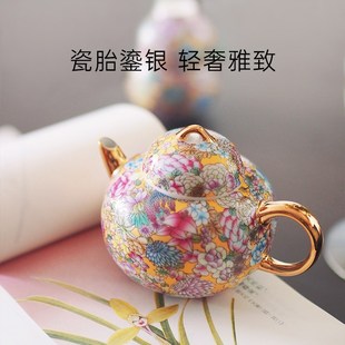 陶瓷一壶二杯精致礼盒装 十一窑万花葫芦鎏银功夫茶具茶壶茶杯中式