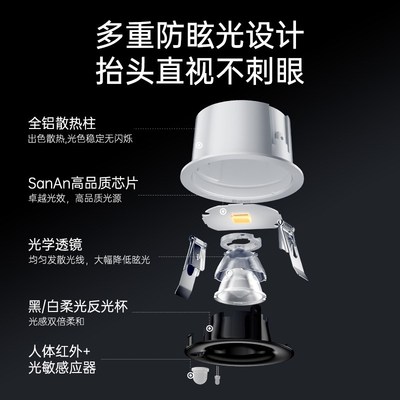 月影人体感应筒灯嵌入式75mm过道走廊入户门光敏红外防眩护眼射灯