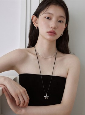 LLab 星河系列 立体大五角星手工肌理感时髦黑皮绳长项链毛衣链