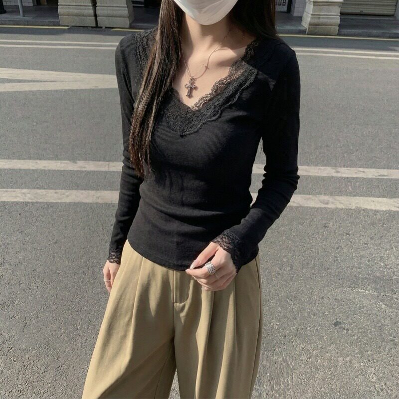 4642官图250克22舒舒肤绒v领蕾丝打底衫女春秋冬加绒长袖T恤德绒