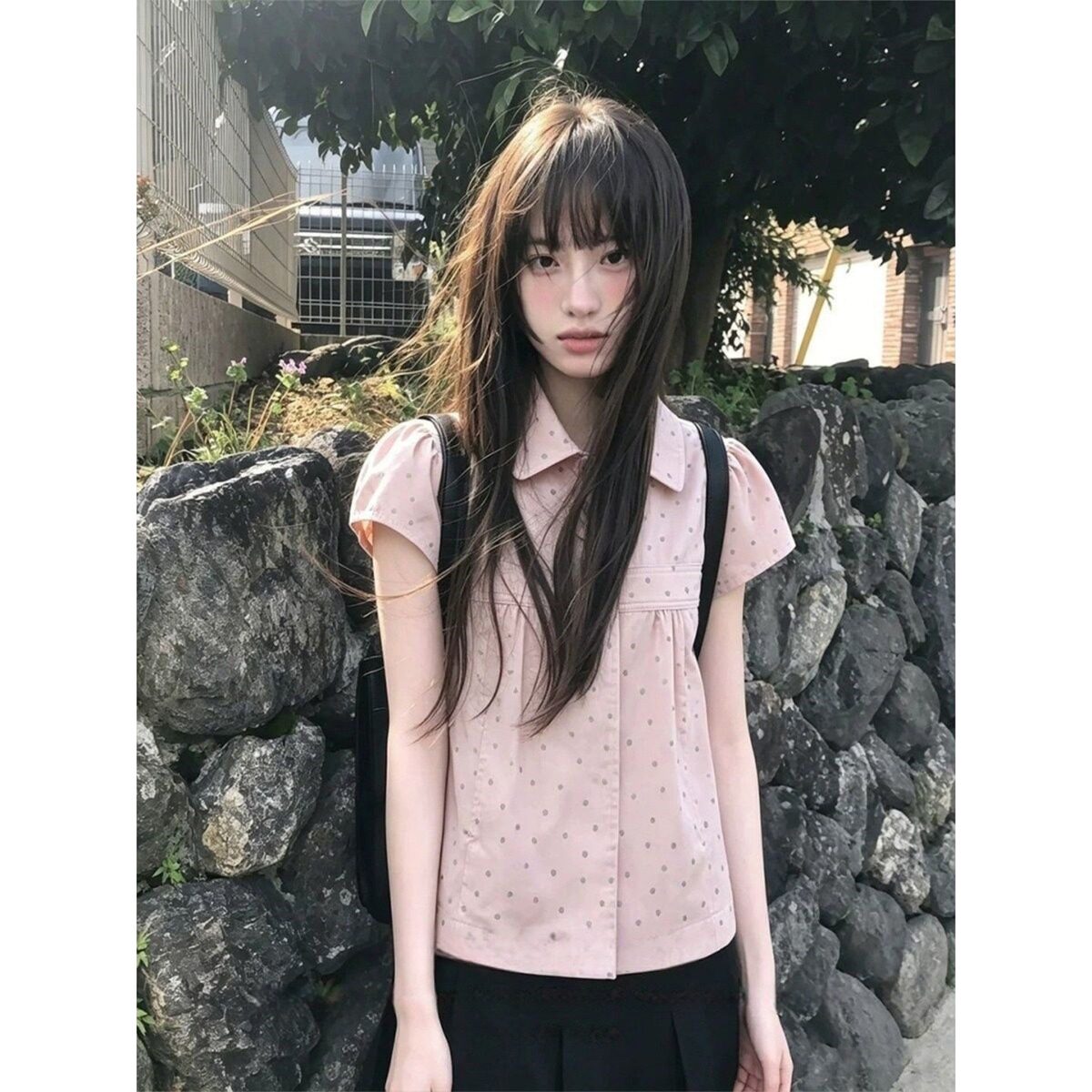 学院少女风粉色娃娃领波点短袖衬衫女2026夏季韩系显瘦甜美上衣潮