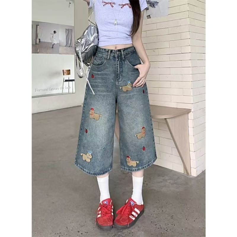 小众设计感贴绣牛仔七分裤女夏季新款宽松显瘦高腰垂感阔腿中裤潮