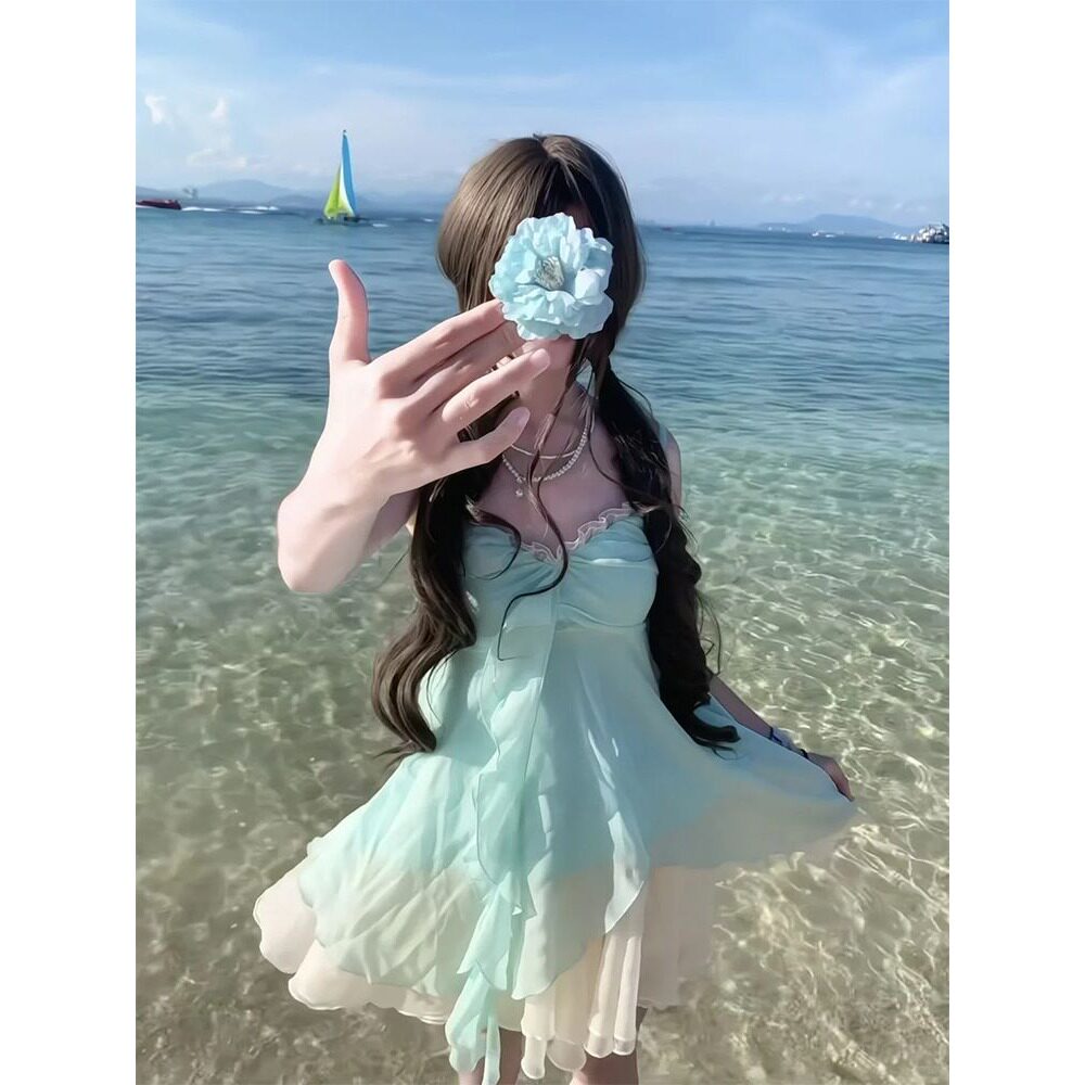 茶系穿搭一整套夏季甜美气质吊带上衣蓬蓬半身短裙小个子两件套装