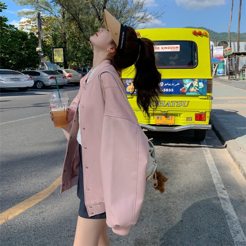 粉色棒球服外套女秋季新款韩系温柔风甜美宽松休闲
