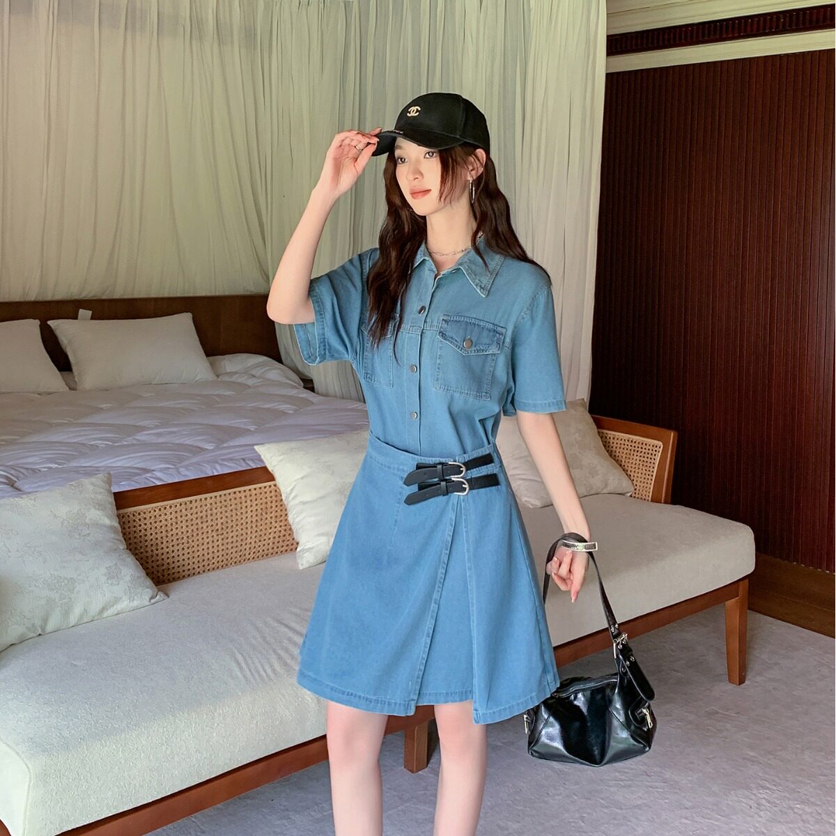 实拍实价2026夏季复古时尚显瘦牛仔连衣裙女小众不规则短款裙子