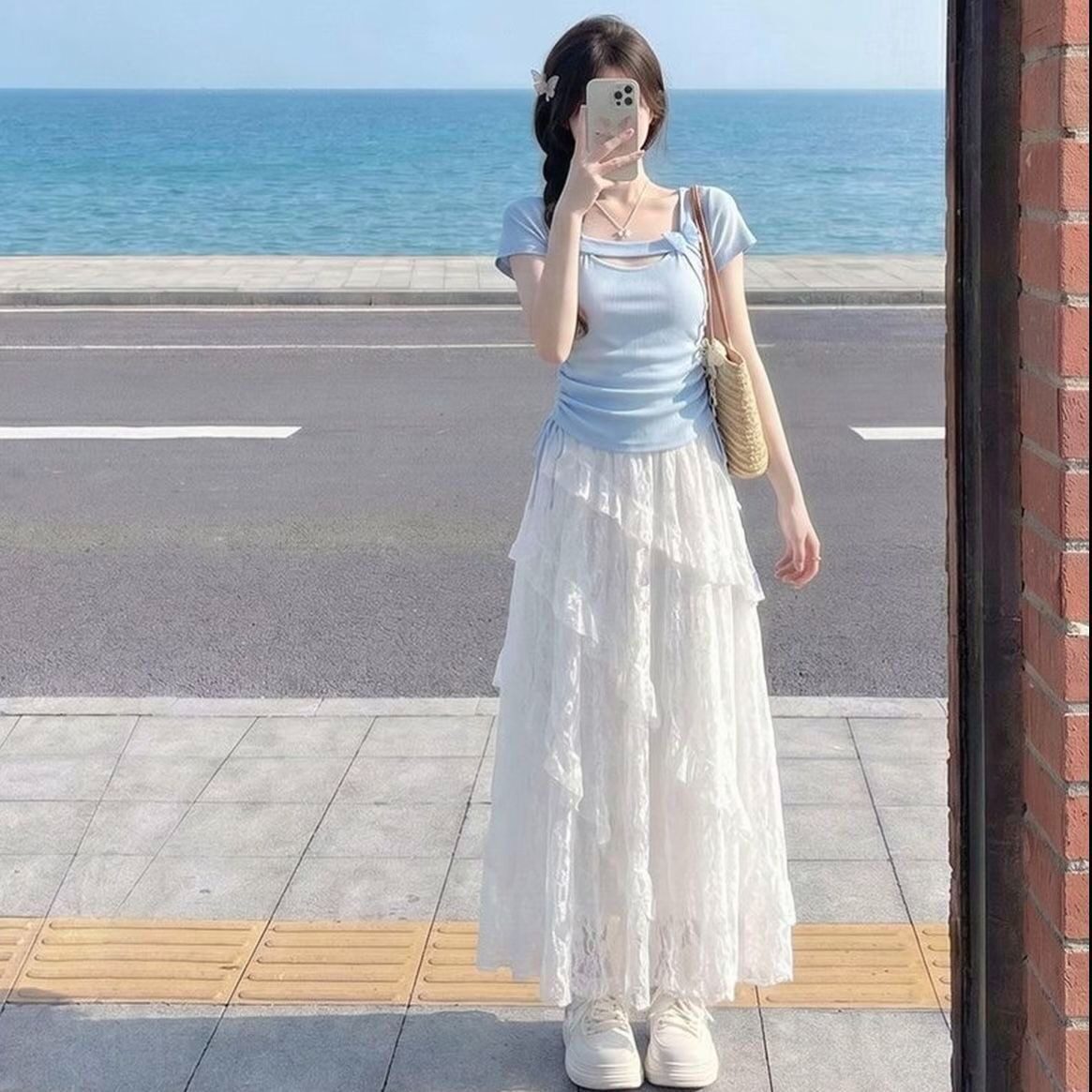 氛围感甜美穿搭海边蕾丝