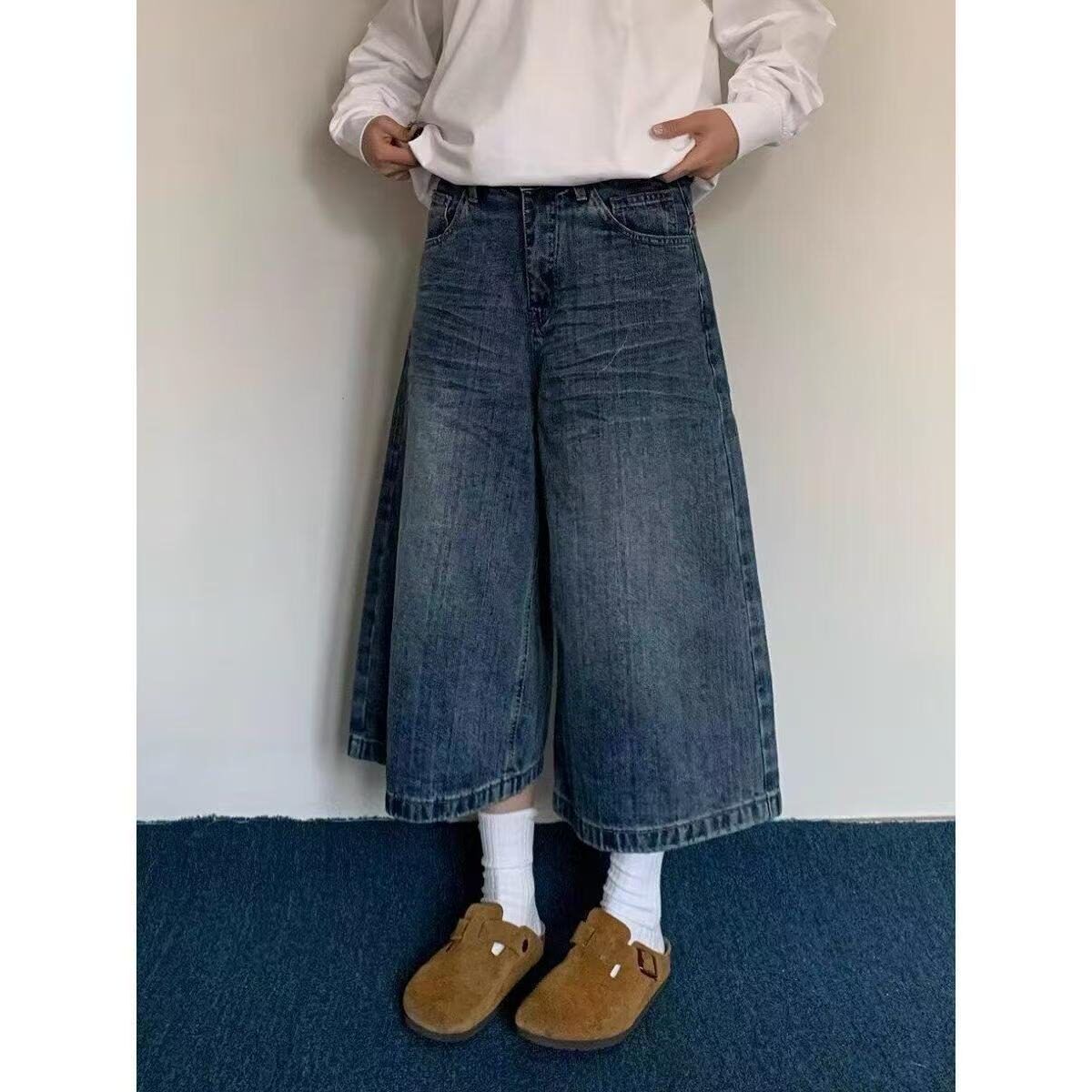 美式复古格子拼接阔腿牛仔短裤女夏季高腰宽松休闲显瘦百搭七分裤
