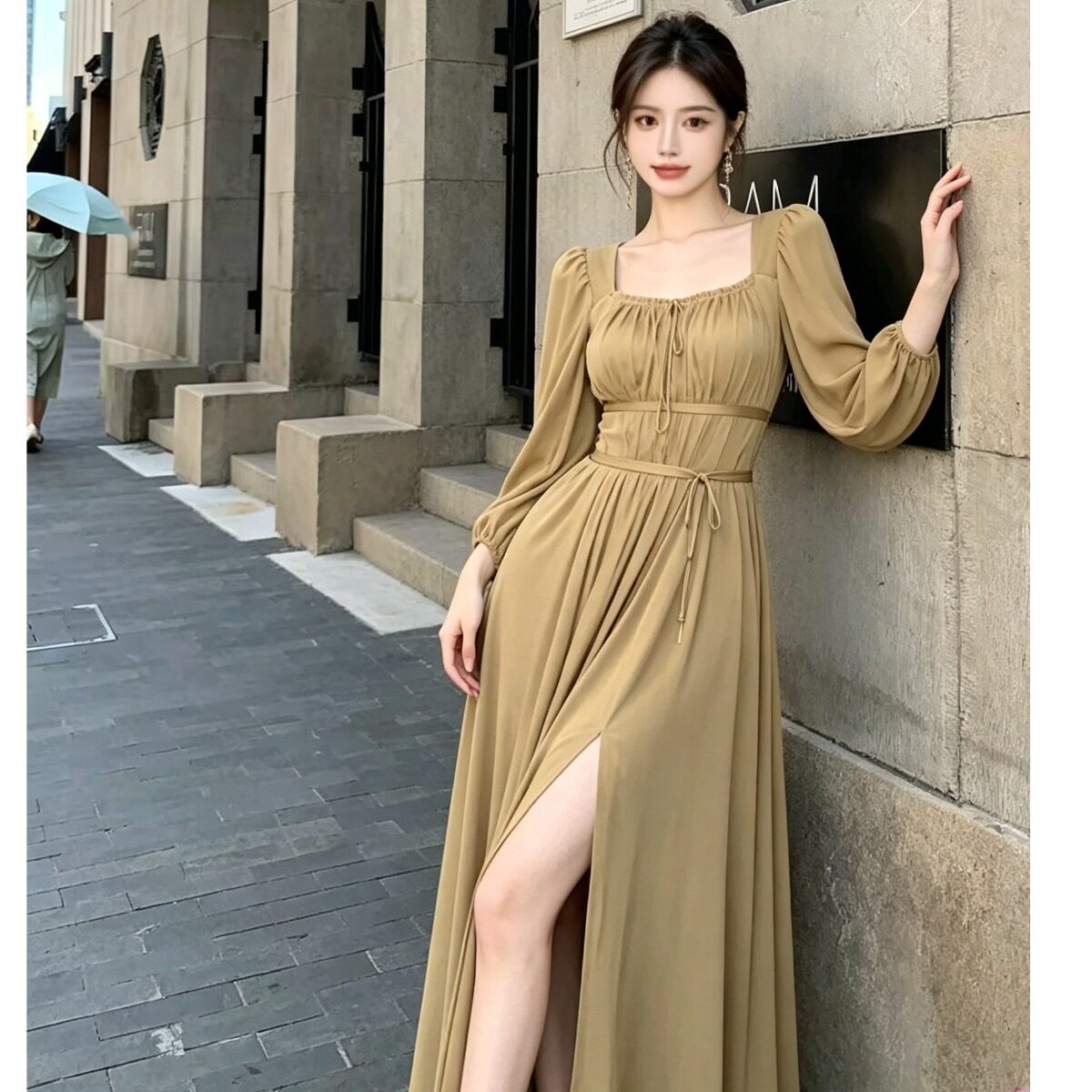 复古茶歇方领连衣裙女秋